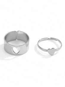 1pair Vintage Open Adjustable Butterfly & Heart Shaped Ring Set For Valentine'S Day And Daily Use - Silver - View 3