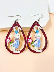 1pair Easter Wooden Tear Drop Shape Animal Cut-Out Earrings With Cartoon Flowers, Colored Easter Eggs, Carrot Patterned Apron, And Printed Rabbit Design Earrings. A Festive Seasonal Gift For Girlfriend To Be Worn In Parties And Street Activities. - Multicolor - View 8