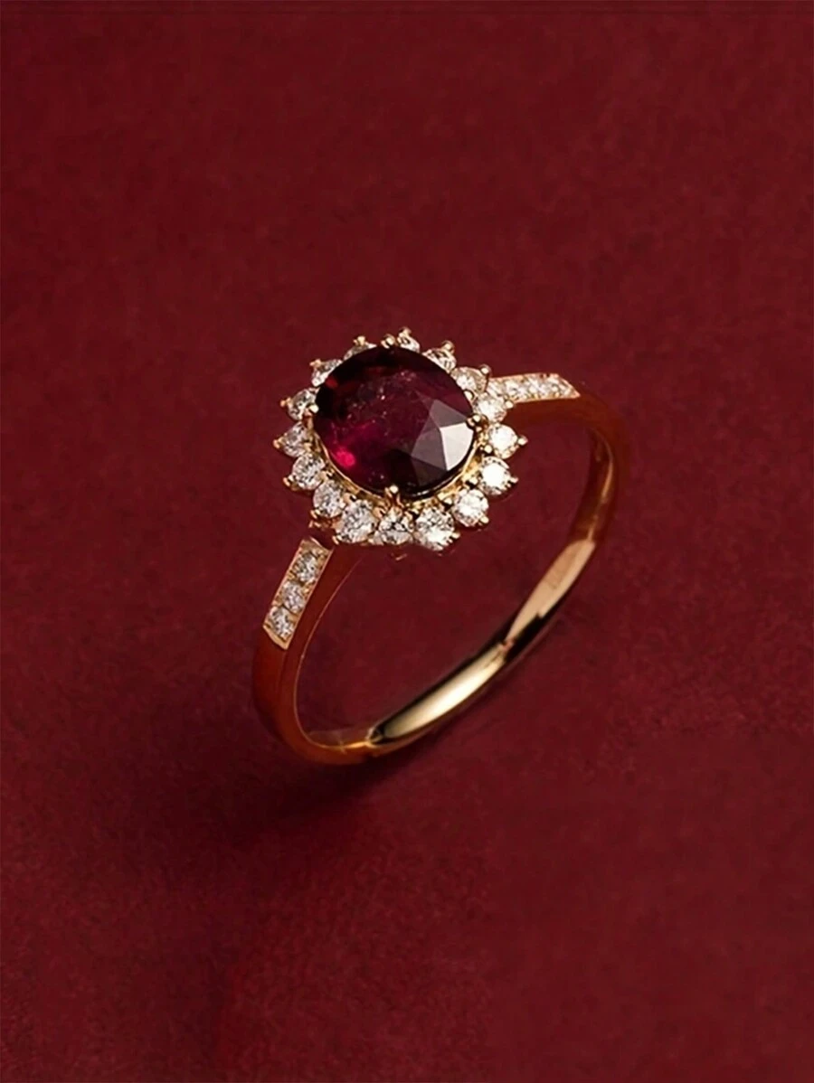 Luxurious S925 Sterling Silver Rose & Oval Red Gemstone Ring For Women Valentines - Yellow - View 1