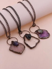 KEJIALAI 透明石英柱狀吊墜項鍊,焊接古銅色天然石英柱項鍊,鍍銅紅綠水晶點綴 - 紫晶 - 查看 13