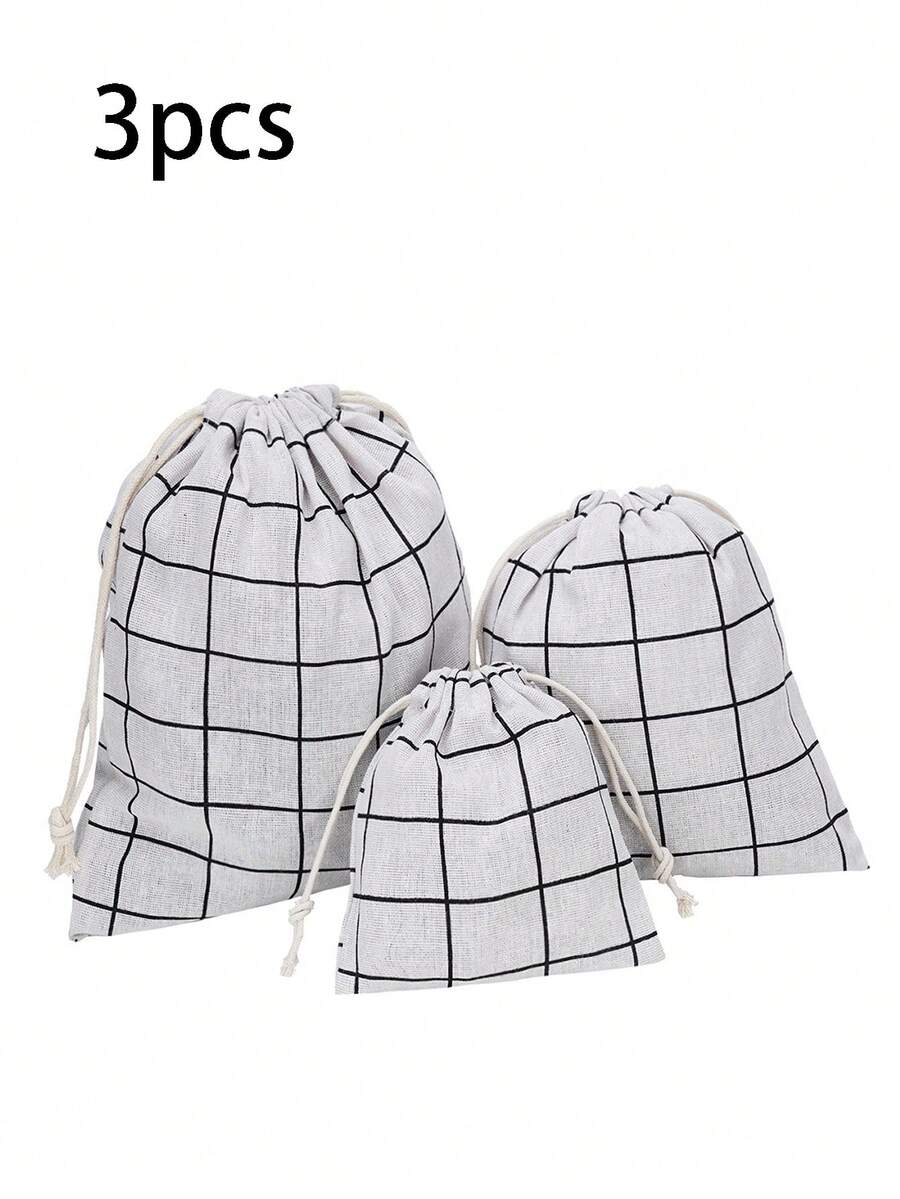 3pcs Travel Storage Bag Plaid Pattern Drawstring Design Polyester Rope Bag,Stylish Drawstring Backpack,Closet Organizer,Travel Portable Bag,Waterproof Pocket,Clothing Classified Hanging Bag - Beige - View 1