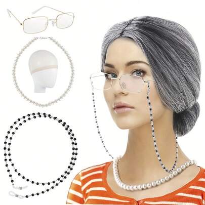 Old Lady Wig COS GRANDMA Short Curly Hair GRANDPA Middle-Aged And Elderly Sketch Dress Up Suit,Grandma Cosplay Set Funny Old Lady Dress Up Set With Wig Caps Pearl Necklace Eye Glasses Chain Realistic Granny Costume Wig Old Lady Costume Set For Halloween Masquerade Old Woman Wig
