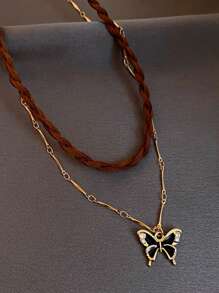 2入組meradi甜美酷風格雙層滴水蝴蝶項鍊,扭結韓國絲絨領圈配黑色油滴吊墜,女士專用 - 咖啡棕 - 查看 7