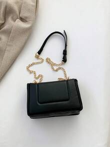 女士防水pu拼接流行金屬雙鏈肩背包 - 黑色 - 查看 4