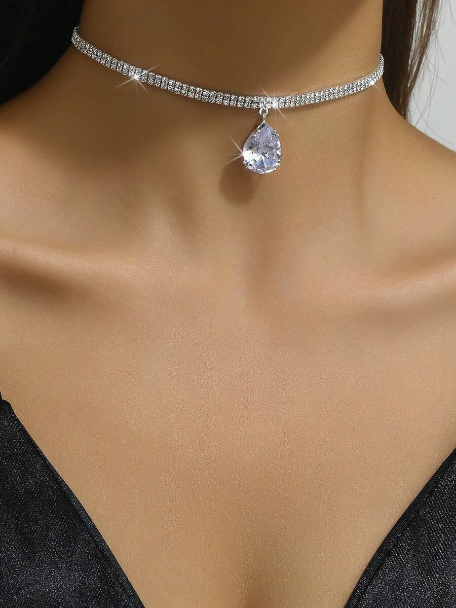 1pc Valentine's Day Heart Shaped Rhinestone Inlaid Y2k Party Necklace Suitable For Parties And Festivals - White - View 1