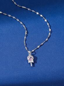 1pc Classic Four Colors Lollipop & Rhinestone Designed Copper Pendant Stainless Steel Chain Necklace, Suitable For Women'S Daily Wear - Pink - View 4