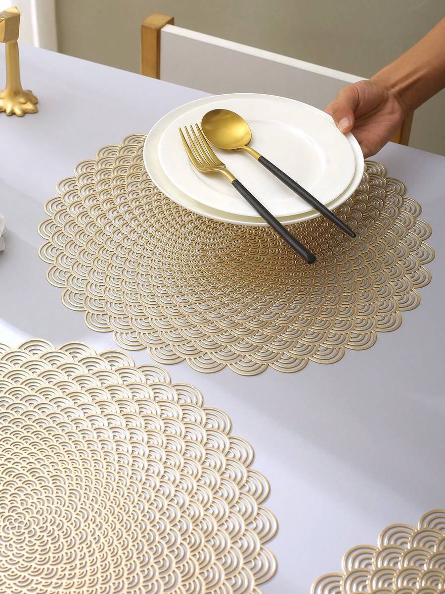 Placemats Set Of 2 PVC Place Mats For Kitchen Table Indoor/Outdoor Washable Heat-Resistant Placemat Wipeable Dining Table Mats For Camping, Festival, Wedding, Party - Gold - View 1