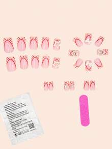 24入組中碼方形優雅高貴珍珠愛心星型白色蝴蝶結斑點法式全套假指甲,適用於女士和女孩 - 彩色 - 查看 2