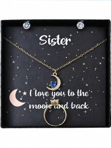 4 件金色時尚銅鑲嵌水鑽設計項鍊、戒指、耳環套裝帶星星、月亮、心形細節,包括賀卡,盒裝,情人節的理想禮物,情侶、姐妹、最好的朋友 - 金黃色 - 查看 17