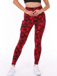 1條女性專用紅色迷彩印花瑜伽褲,桃臀健身緊身褲強調腹部控制,彈力瑜伽褲