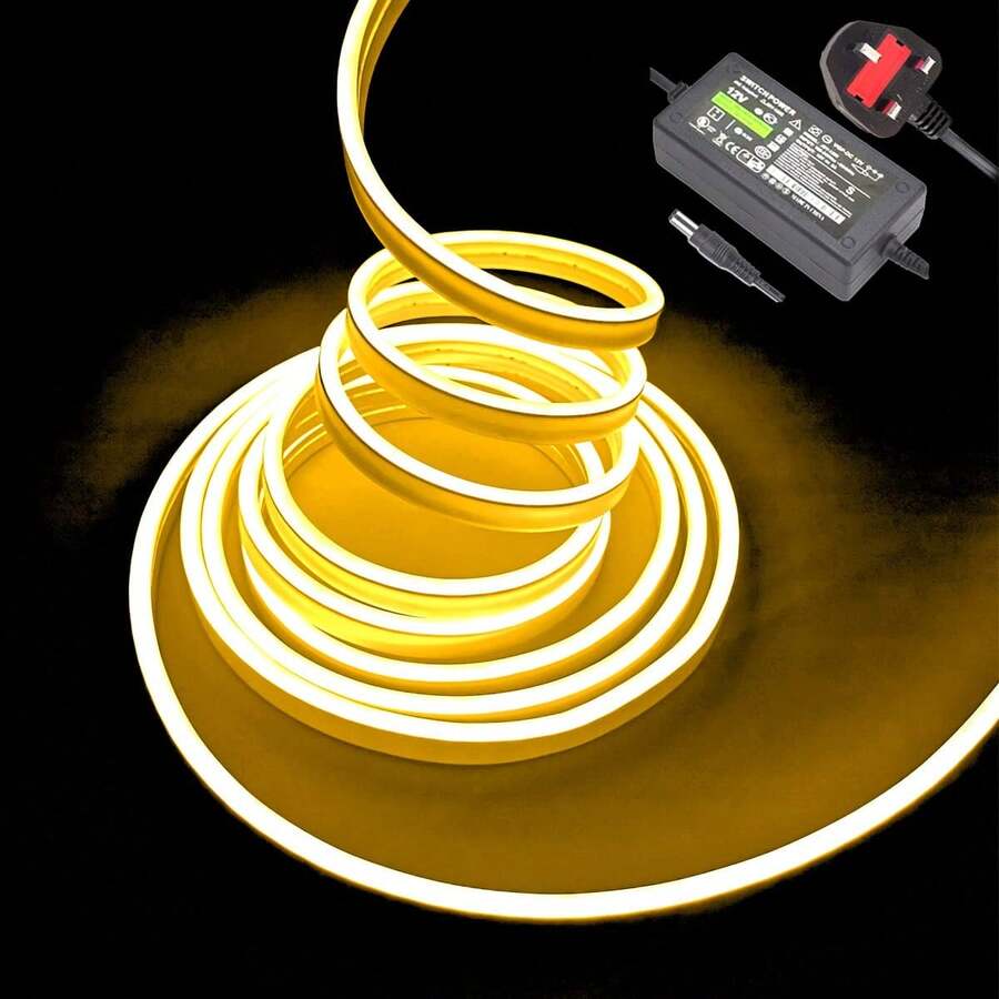 Neon LED Strip Lights,16.4 Ft/5m 12V DC 600 SMD2835 LEDs Waterproof Rope Light For Indoor Outdoor Home Decoration ( With Power Adapter) - Yellow - View 1