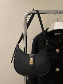 1pc Girls' Solid Color Crescent Shaped Shoulder Crossbody Bag With Zipper Closure, Suitable For Daily Use - Black - View 3