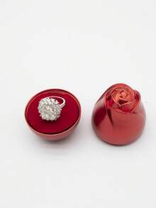 1pc Valentine's Day Adjustable Metallic Rose Flower Gift Box With Rose Necklace, Pendant, Ring Storage Compartment - Red - View 2