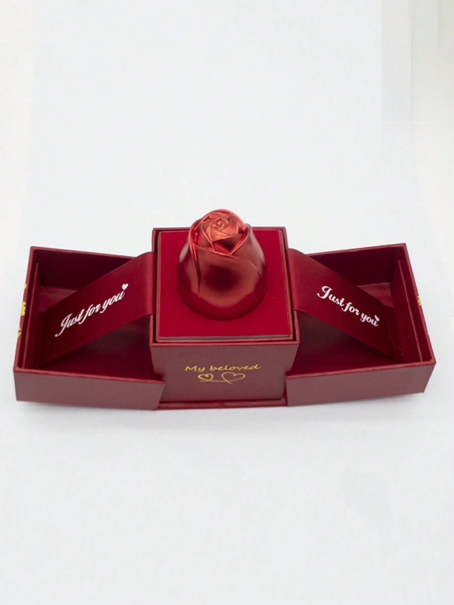 1pc Valentine's Day Adjustable Metallic Rose Flower Gift Box With Rose Necklace, Pendant, Ring Storage Compartment - Red - View 1