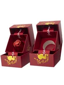 1pc Valentine's Day Adjustable Metallic Rose Flower Gift Box With Rose Necklace, Pendant, Ring Storage Compartment - Red - View 4