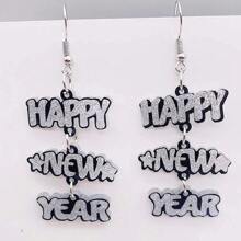 Acrylic Happy New Year Letter Mismatched Statement Earrings - Silver - View 1