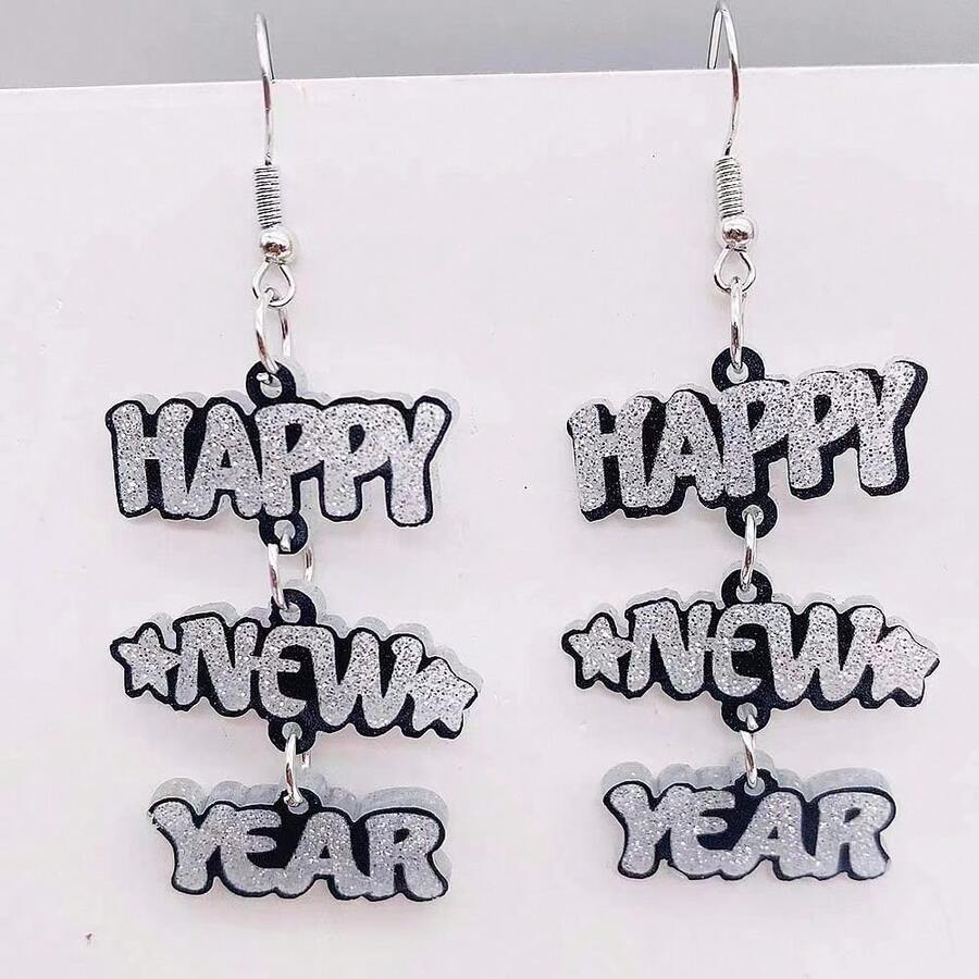 Acrylic Happy New Year Letter Mismatched Statement Earrings - Silver - View 1