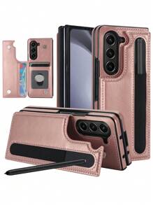 適用於三星Galaxy Z Fold 5 4 3 5G的皮革錢包手機殼，帶信用卡槽，兼容三星Z Fold5 Fold4 Fold3 5G，帶有支架防震手機套外殼 - 玫瑰金 - 查看 2