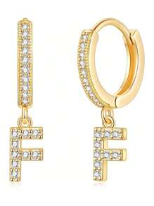 1對女士小號huggie Hoop字母耳環| Post Huggie耳環|方鋯|925純銀低過敏|女童、少女、女士禮物 - 金黃色 - 查看 14