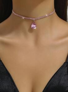 1pc Valentine's Day Heart Shape Rhinestone Inlaid Y2k Style Necklace For Parties And Festivals - Pink - View 1