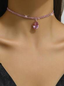 1pc Valentine's Day Heart Shape Rhinestone Inlaid Y2k Style Necklace For Parties And Festivals - Pink - View 3