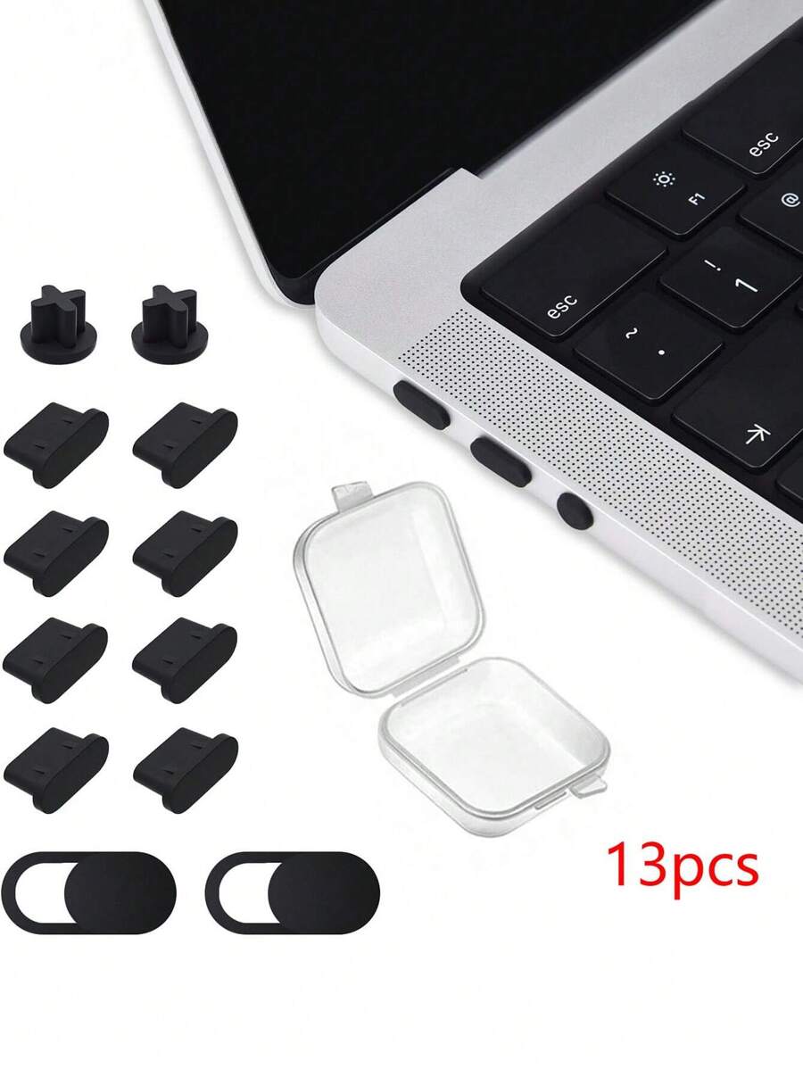 8pcs Type-C Anti-Dust Port Plug+2pcs 3.5mm Earphone Anti-Dust Port Plug+2pcs Web Camera Cover Slider+1pc Transparent Box, Suitable For Laptop Port Anti-Dust And Waterproof