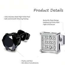 4 对男士不锈钢耳钉黑色方形耳钉套装男士耳环镶嵌方晶锆石 6 毫米防过敏 - 黑與白 - 查看 3