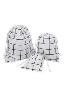 3pcs Travel Storage Bag Plaid Pattern Drawstring Design Polyester Rope Bag,Stylish Drawstring Backpack,Closet Organizer,Travel Portable Bag,Waterproof Pocket,Clothing Classified Hanging Bag - Beige - View 3