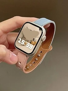 1pc Apple Watch Strap, Minimalist Multicolor Thin Slim Pure Blue & Pink Splicing Leather Watch Strap,Compatible With Apple Watch Band 9 8 Se 7 6 5 4 3 2 1 Ultra2/1, Compatible With 38mm 40mm 41mm 42mm 44/45mm,Cute Affordable Watch Strap For Girls, Applewatch Band - Multicolor - View 4