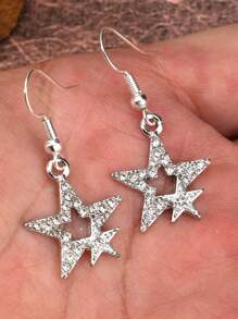 時尚復古鍍銀幸運星和水鑽裝飾男女吊墜耳環 - 銀色 - 查看 2