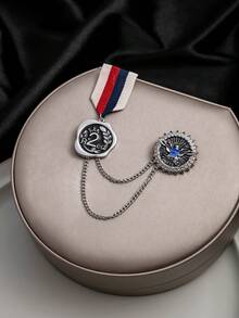 1 件英伦风格复古奖章双层流苏链胸针个性化几何圆形西装配饰翻领别针 - 彩色 - 查看 3