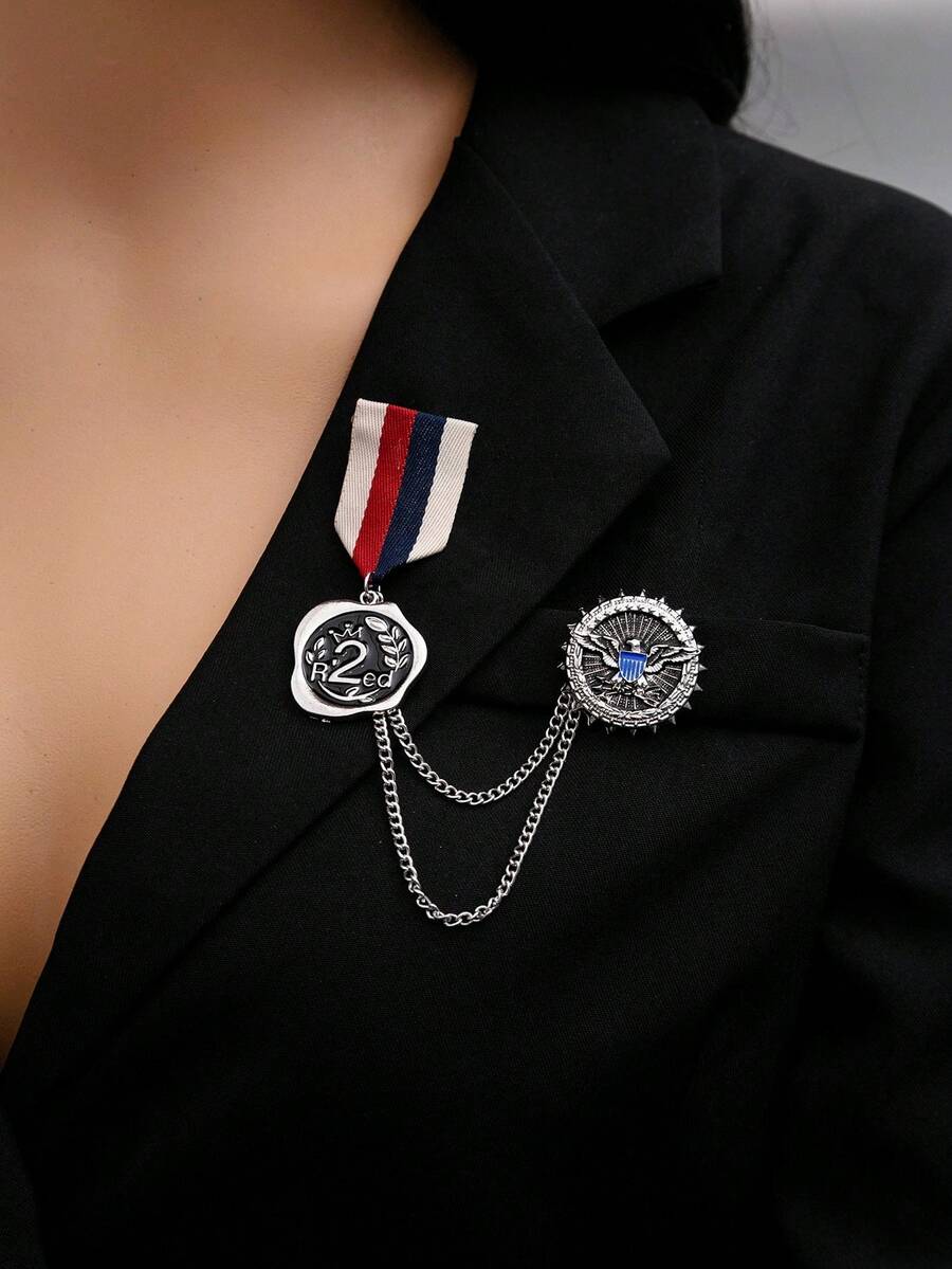 1 件英伦风格复古奖章双层流苏链胸针个性化几何圆形西装配饰翻领别针 - 彩色 - 查看 1