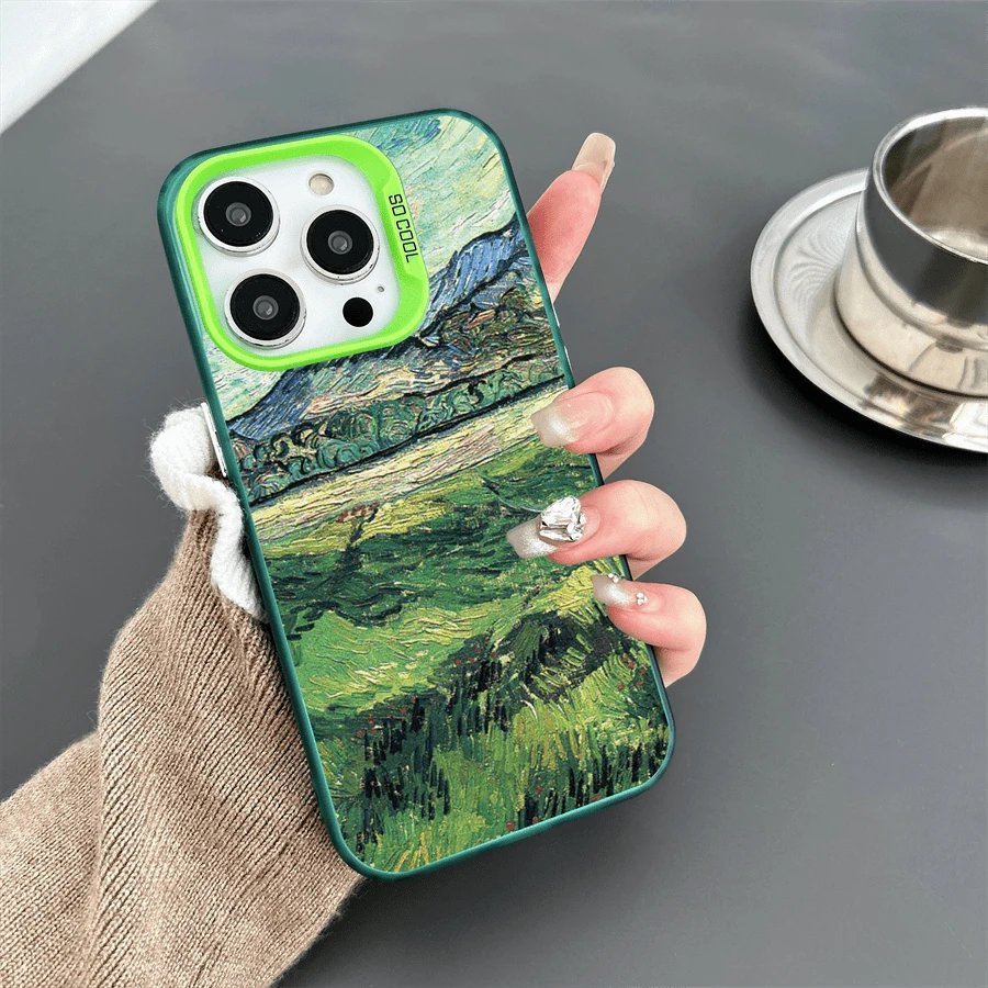 1pc Neutral Oil Painting Style Landscape Printed Shockproof Phone Case Compatible With Iphone 7/8/11/12/13/14/15/X/Xr/Xs/Plus/Pro/Pro Max/Se2 - dark green[0] - View 1