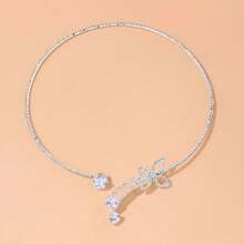 精美閃亮銀色人工鑽石水晶圓領蝴蝶造形鍊式頸鍊,優雅的珠寶配件禮物 - 銀色 - 查看 2