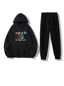 青少年男孩2入組酷街風格標語印花連帽衫和縮口褲,秋冬休閑運動服裝 - 黑色 - 查看 1