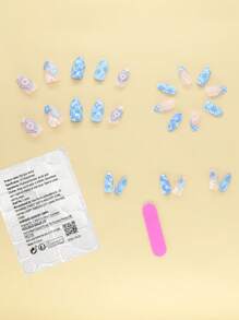 24 件/盒天蓝色心形不对称假指甲贴片，杏仁色指甲贴纸，配果冻胶和锉刀，随机颜色果冻凝胶 - 彩色 - 查看 2