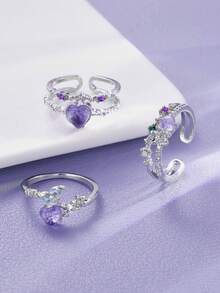 3 件/套 2000 年韓式和日式心形、花朵和水鑽裝飾戒指女士、約會、節日、情人節禮物 - 彩色 - 查看 3