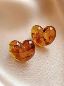 2 件复古棕色心形设计简约个性化耳环，适合女性日常佩戴或送礼 - 棕色 - 查看 7