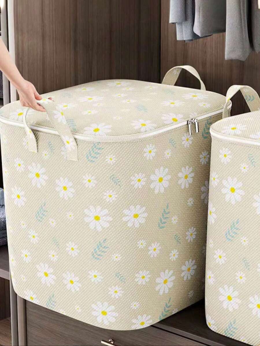 1pc Portable Non-Woven Clothes & Blanket Storage Organizer With Durable Handle, Foldable Closet Storage Box For Sorting Clothes - Multicolor - View 1