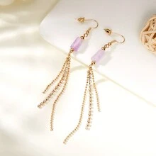 1 对时尚百搭的不对称棱镜水晶和玛瑙流苏吊坠耳环，配以艺术复古金属链、水钻和紫水晶细节，适合日常佩戴和派对 - 天然石流蘇耳環 - 查看 4