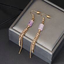1 对时尚百搭的不对称棱镜水晶和玛瑙流苏吊坠耳环，配以艺术复古金属链、水钻和紫水晶细节，适合日常佩戴和派对 - 天然石流蘇耳環 - 查看 2