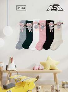 6 Pares  Encantadores Calcetines Largos para Niña con Divertidos Personajes y Pompones, Ideales para la Escuela y el Juego, Cálidos y Confortables, en Variedad de Colores Neutros y Pasteles - Multicolor - Ver 2