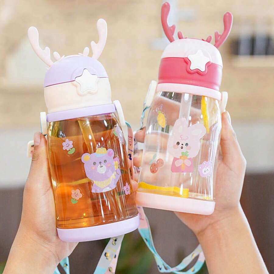 1個帶鹿角、背帶和吸管的紫色pp水杯,免費附贈貼紙 - 紫色 - 查看 1