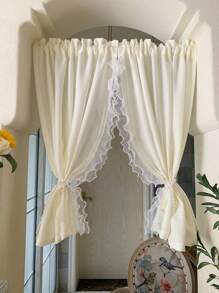 2片法式雙層蕾絲寶石紗簾,適用於臥室女孩房間法式夢幻淺黃色透光短紗門廚房 - 米色 - 查看 1