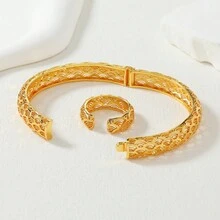 2 件/組金色金屬鏤空設計女款高端金屬手鐲和戒指套裝 - 彩色 - 查看 6