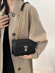 女士防水pu拼接流行金屬雙鏈肩背包 - 黑色 - 查看 2
