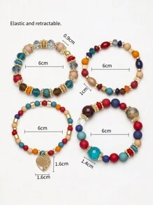 4pcs Fashionable Heart Pendant Multilayer Beaded Charm Bracelets For Women - Colorful - View 2