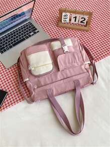 時尚女式手提包單肩包大容量撞色尼龍書包適合畢業生、青少年女孩、新生、大二、初中和高中學生、大學和高中，非常適合戶外、旅行和返校 - 粉色 - 查看 11