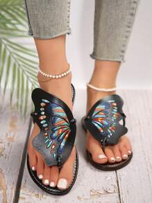 女士舒適扁形蝴蝶印花拖鞋