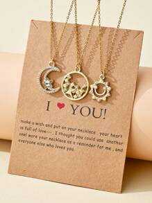 3pcs Silver Stainless Steel Star, Sun And Moon Design Friendship Necklace Set, Suitable For Women Daily Wear Or As A Vacation Or Back To School Gift - Yellow Gold - View 12